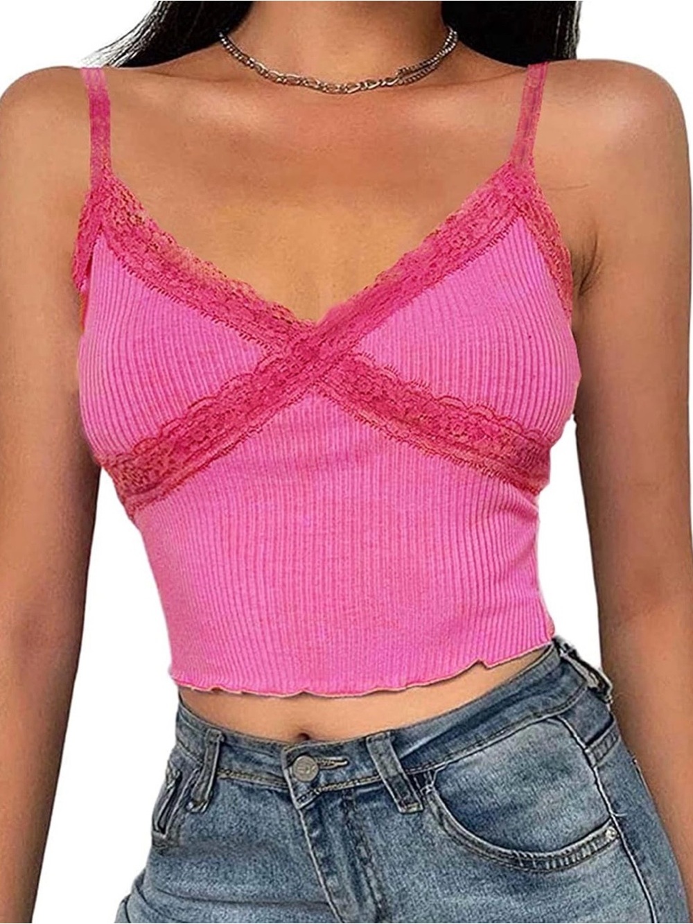 Y2K Pink Lace-Trim Ribbed Camisole Top